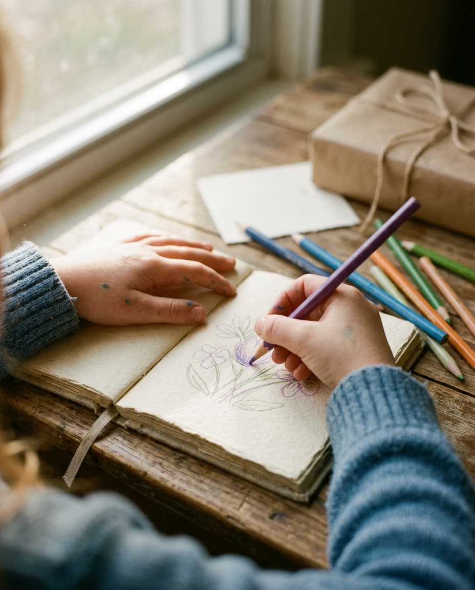 A child's hands holding an open journal beside colored pencils